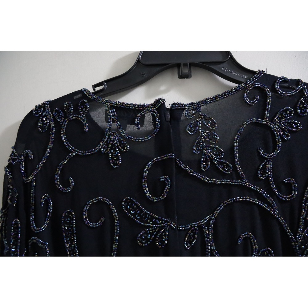 J Kara Navy Blue Beaded Asymmetrical Evening Blouse Petite 18P Iridescent Scroll - Picture 8 of 9